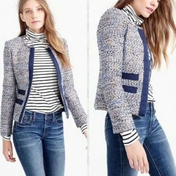 J.Crew Jackets & Blazers - J Crew Womens Metallic Tweed Jacket With Grosgrain Trim Size 12